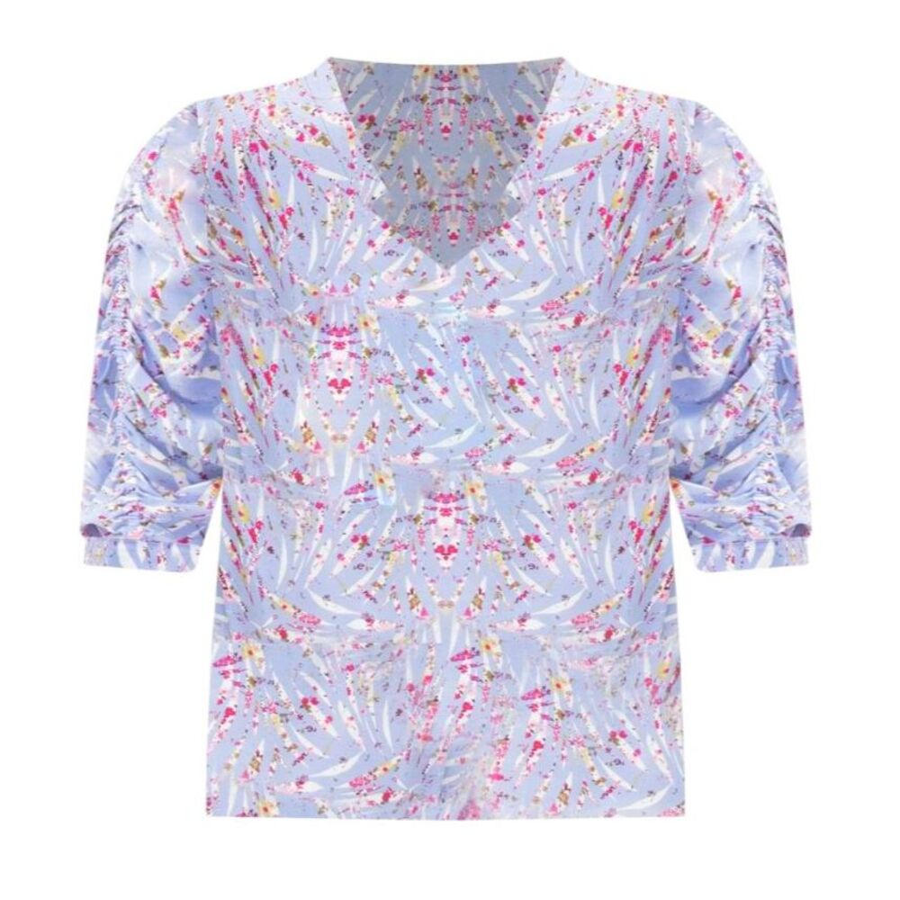 Eloqui Top Coquette Blouse Purple Floral 3/4 Ruched Sleeve Pastel Plus 20